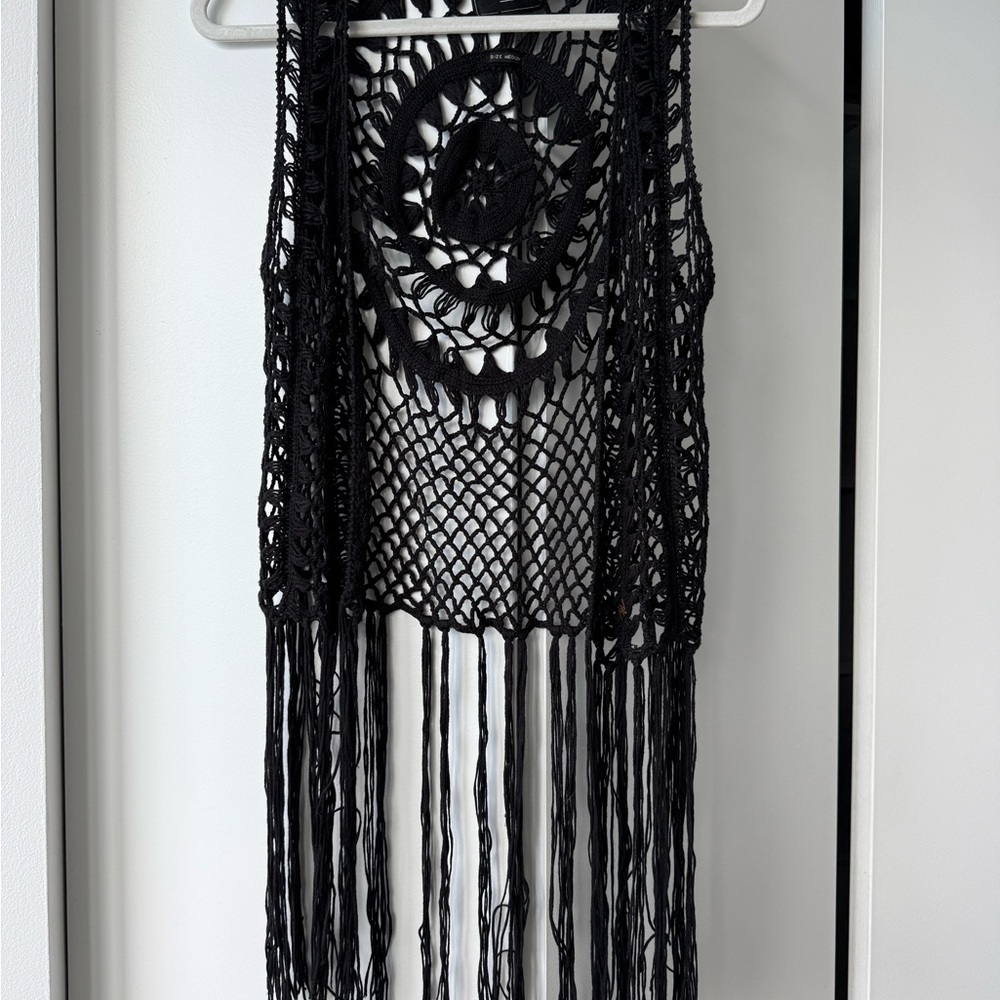 Superdry Black Crochet Fringe Top